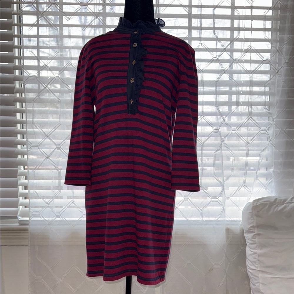 Tory Burch Striped Cotton Shift Dress Red Navy Ruffle Neck Logo Buttons Size S - Picture 3 of 11